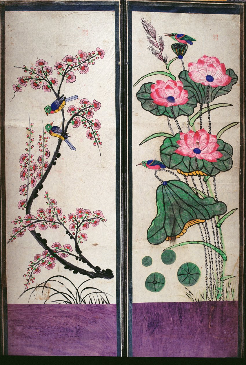 Dos paneles de un biombo de ocho pliegues que representan pájaros y flores (pigmentos naturales sobre papel) de School Korean