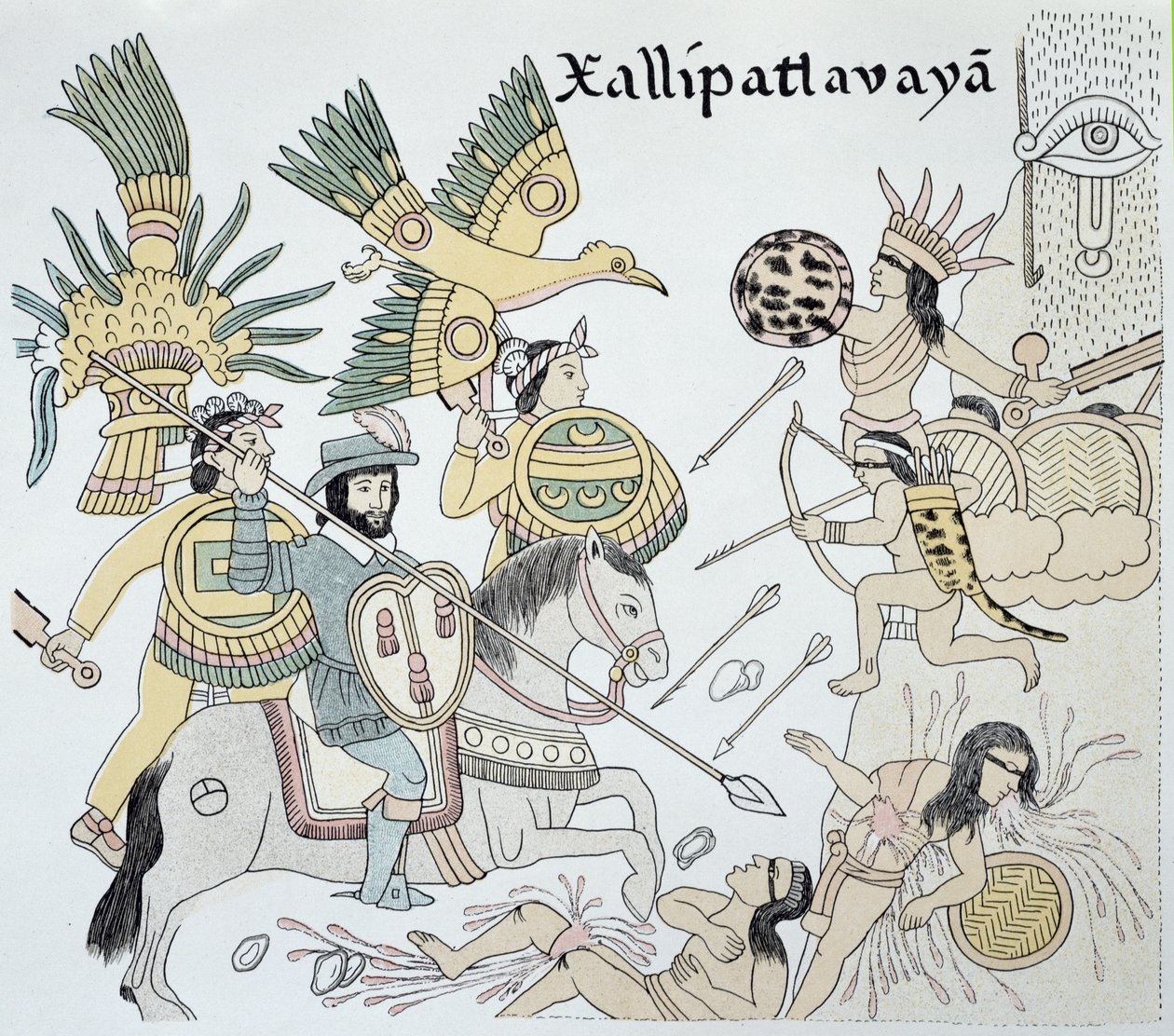 Lucha entre españoles y aztecas en la batalla de Xallipatlavaya, ilustración de un facsímil de una historia ilustrada de indios mexicanos "Lienzo de Tlaxcala" de hacia 1550. de School Mexican