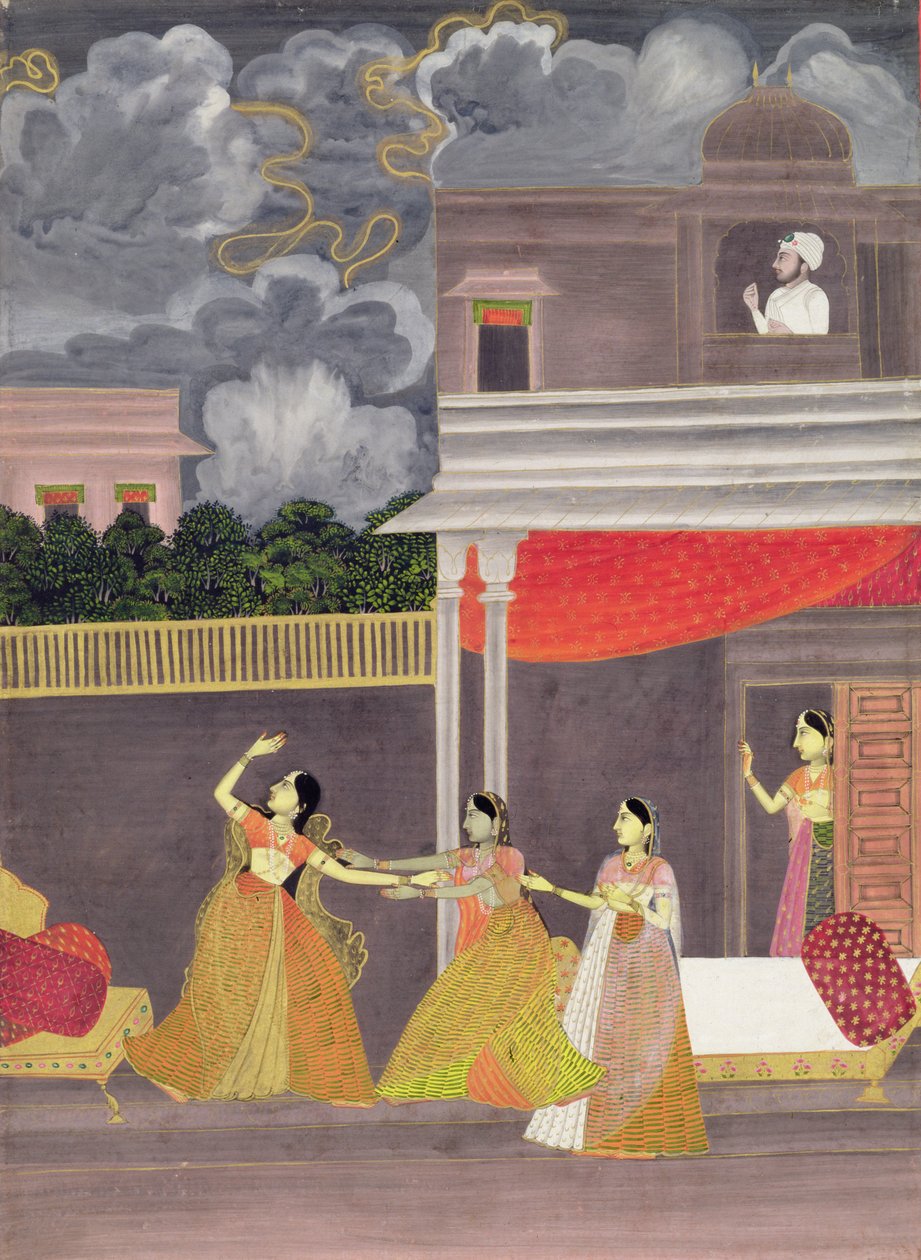 Una dama traída de una tormenta en la noche: ilustración del modo musical Madhu Madhavi, c.1760 de School Mughal