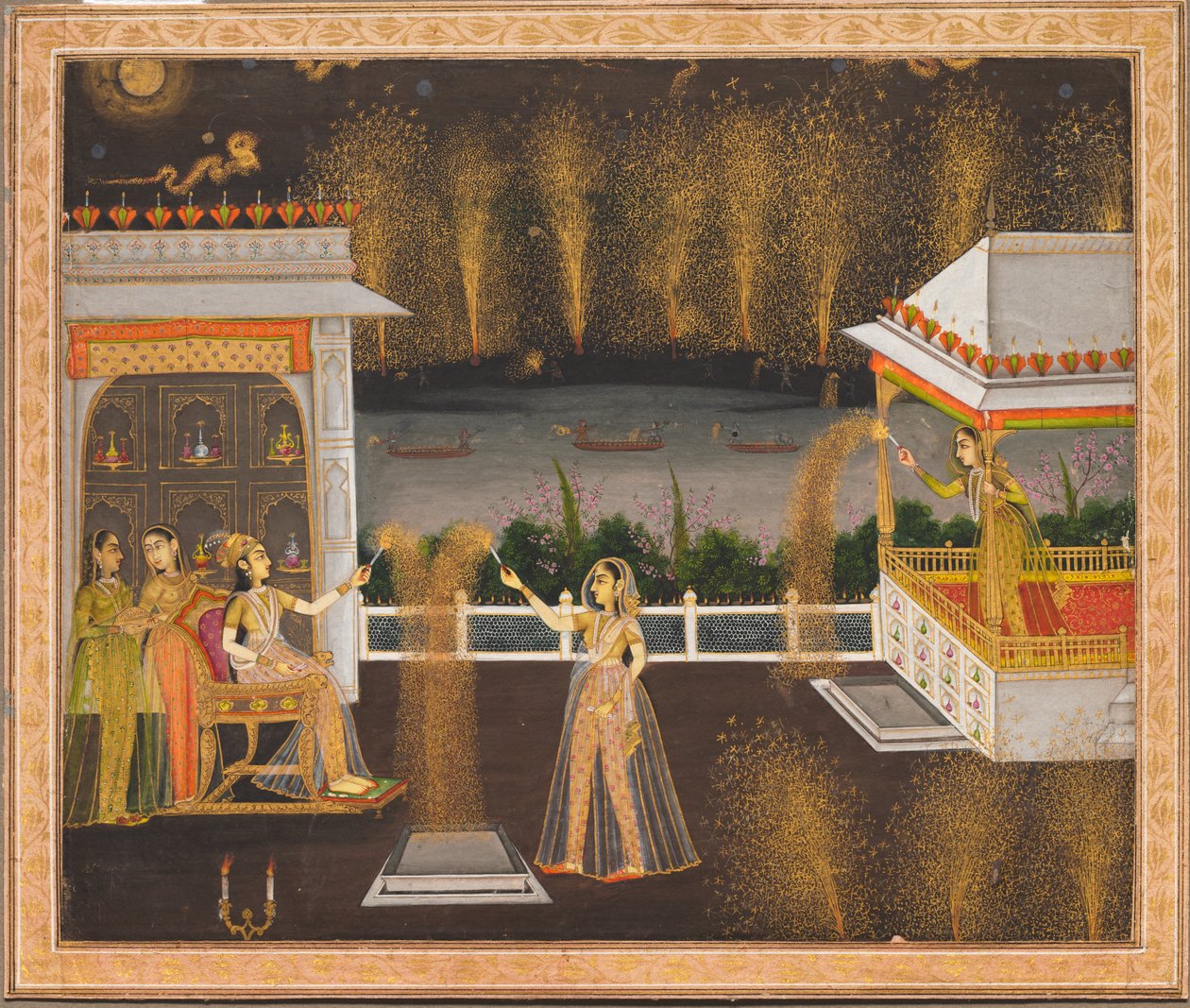 Damas celebrando Diwali, c.1760 (acuarela opaca y oro sobre papel) de School Mughal