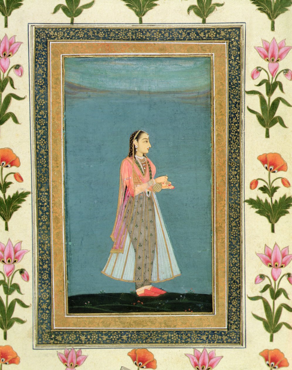 Dama sosteniendo una jarra de vino y una copa, del Gran Álbum Clive de School Mughal