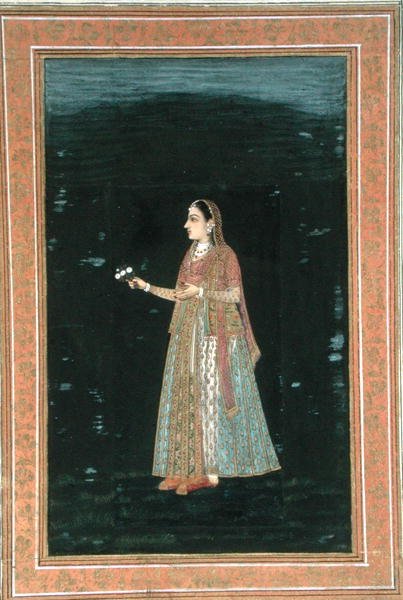 Dama sosteniendo flores, del Pequeño Álbum Clive de School Mughal