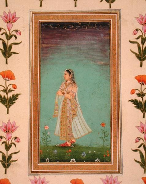 Dama caminando entre flores, del Pequeño Álbum Clive de School Mughal