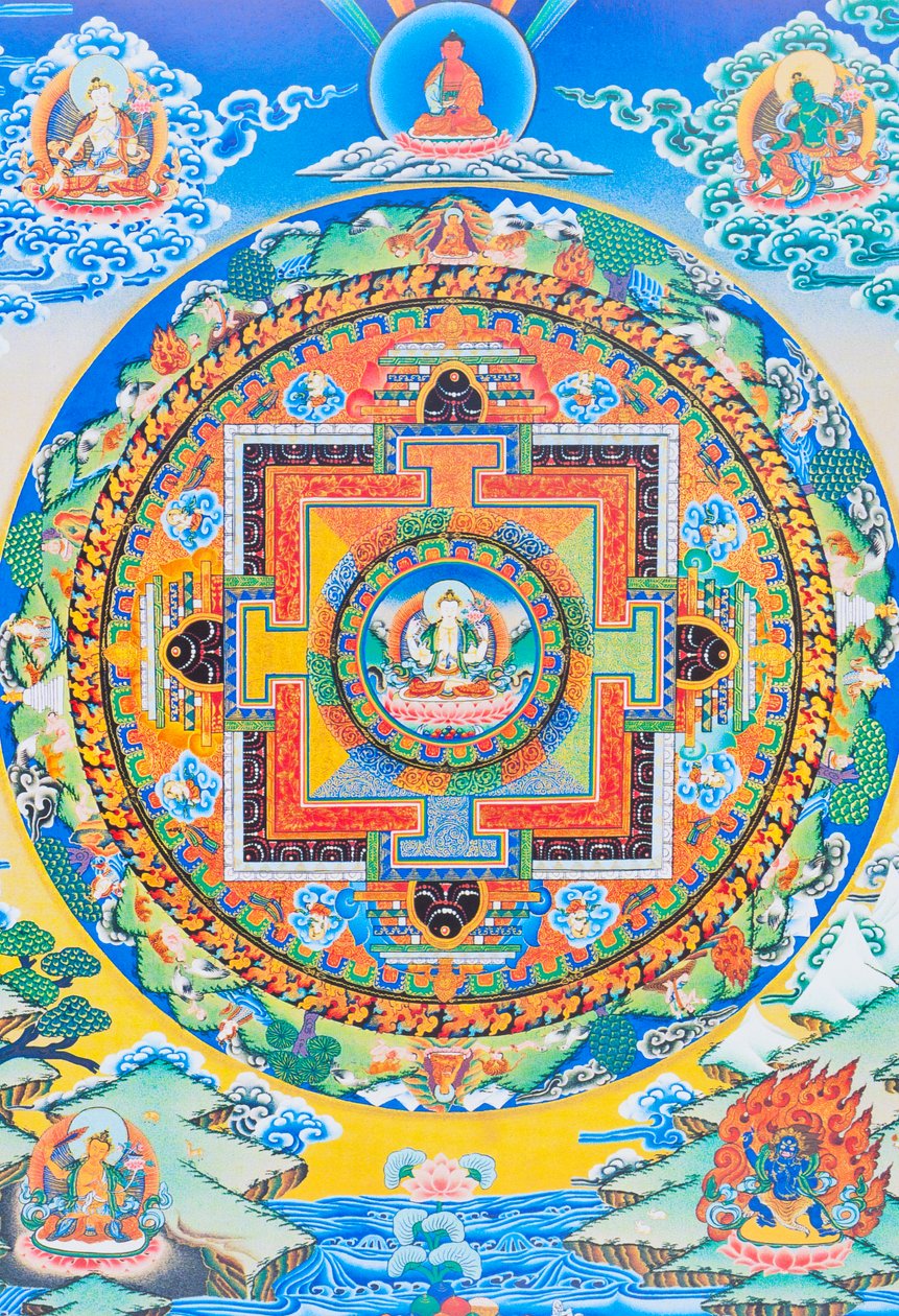 Mandala Chenresi; la figura central representa al Buda de la compasión, la manifestación celestial del Buda Amitava, siempre cerca de los seres que sufren (gouache sobre tela) de School Nepalese