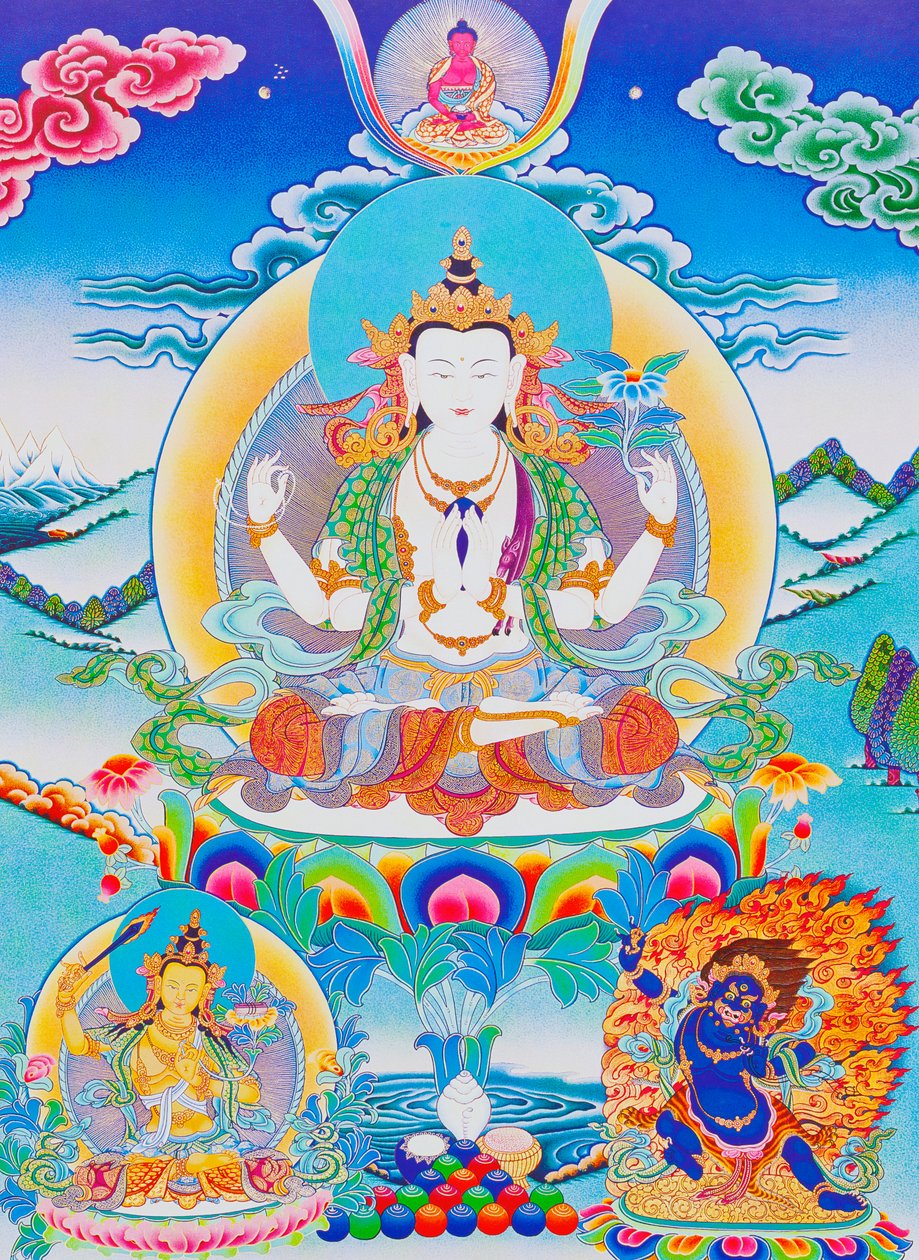 Imagen que representa a Chenresi, el señor de las seis sílabas "Om Mani Padme Hum" (gouache sobre tela) de School Nepalese