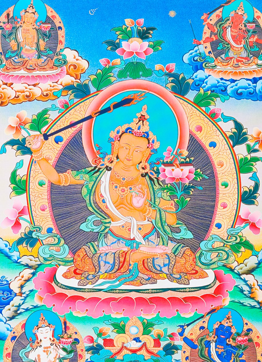 Imagen que representa a Manjushree, el legendario creador del valle de Katmandú (gouache sobre tela) de School Nepalese