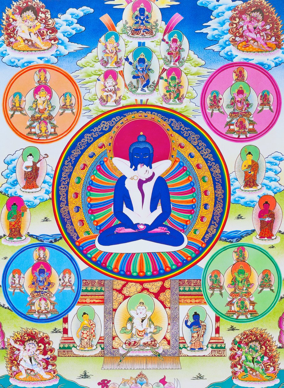Imagen que representa a Samantabhadra, junto con su consorte, simbolizando la unidad con lo absoluto (gouache sobre tela) de School Nepalese