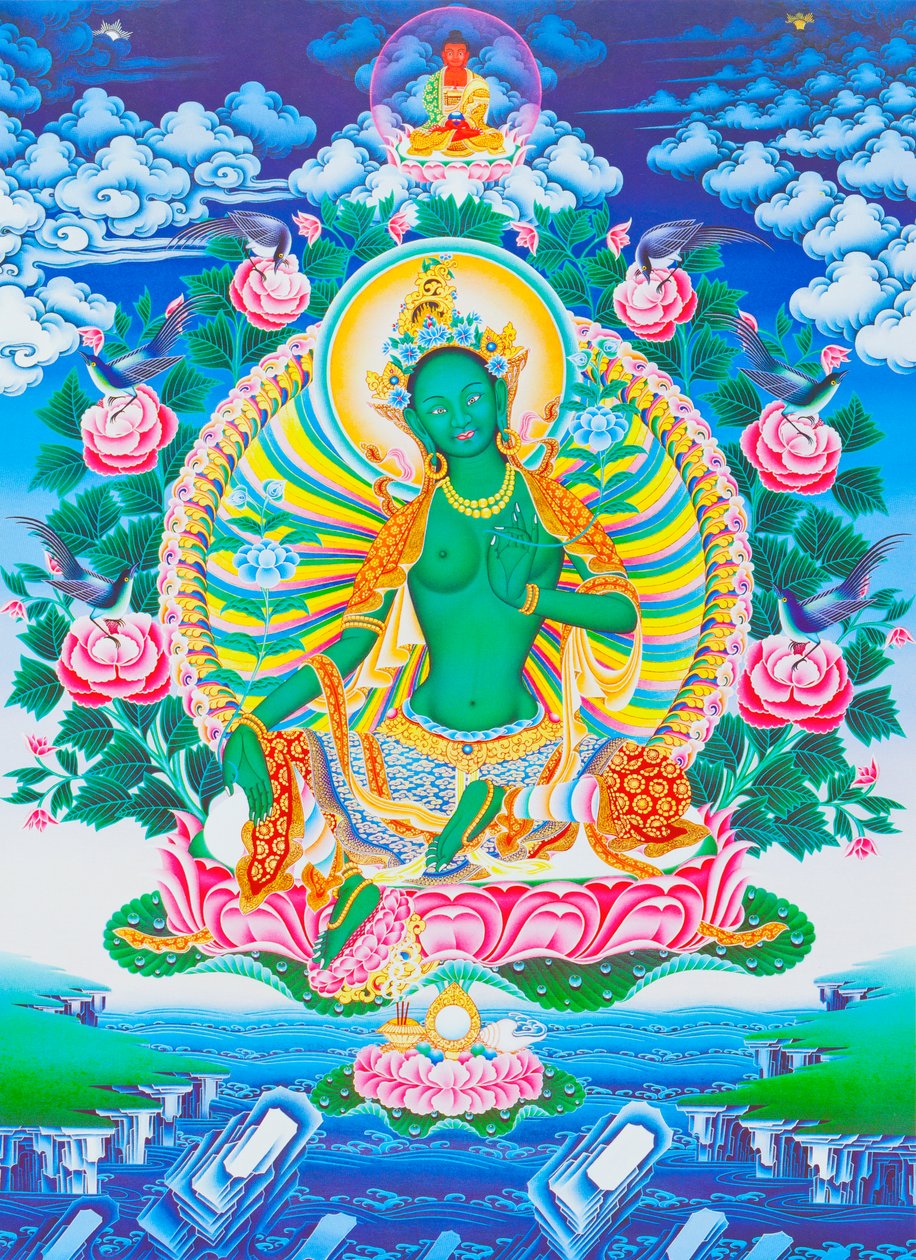 Imagen de la Tara verde, protectora maternal de todos los peligros en el océano de la existencia (gouache sobre tela) de School Nepalese