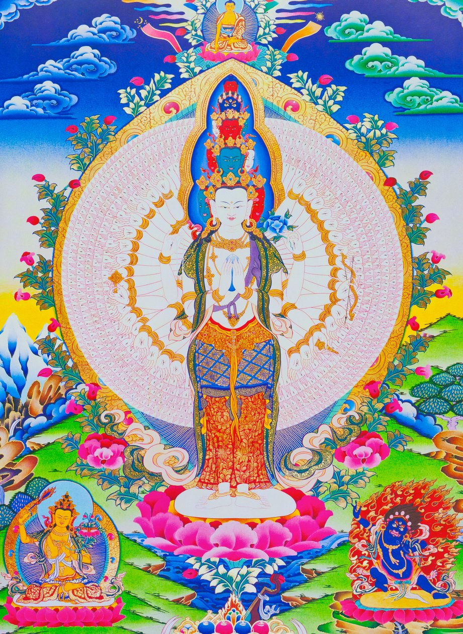 Imagen que representa al Avalokiteshvara de los mil brazos, el Avalokiteshvara de las once cabezas con mil brazos y 1022 ojos que simbolizan la compasión infinita (gouache sobre tela) de School Nepalese