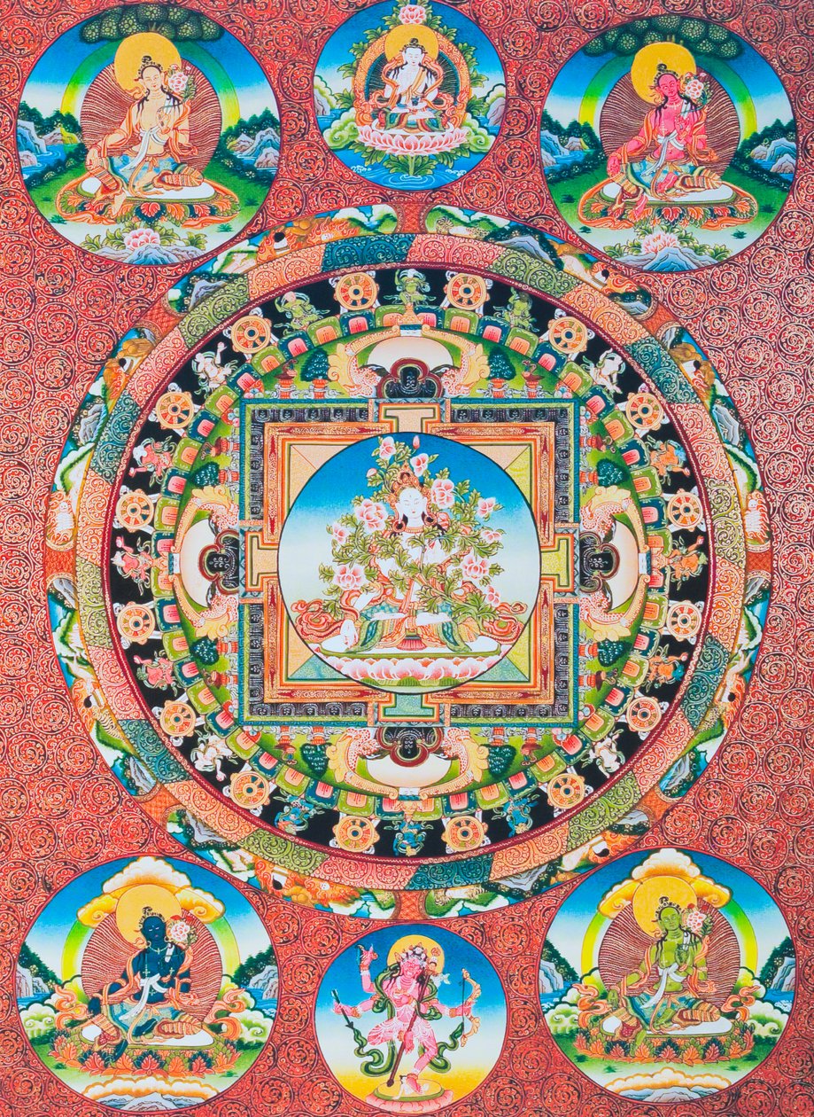 Mandala de Tara Blanca; deidad femenina de siete ojos del panteón budista que representa a la diosa de la compasión y protectora de los seres humanos (gouache sobre tela) de School Nepalese