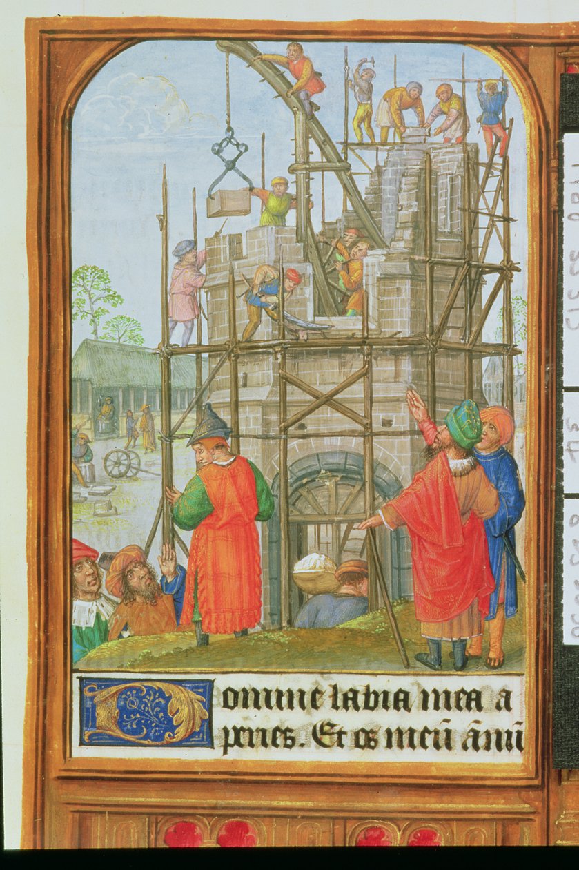 Añadir 35313 f.34 La construcción de la Torre de Babel, Brujas o Gante, c.1500 (vitela) de School Netherlandish