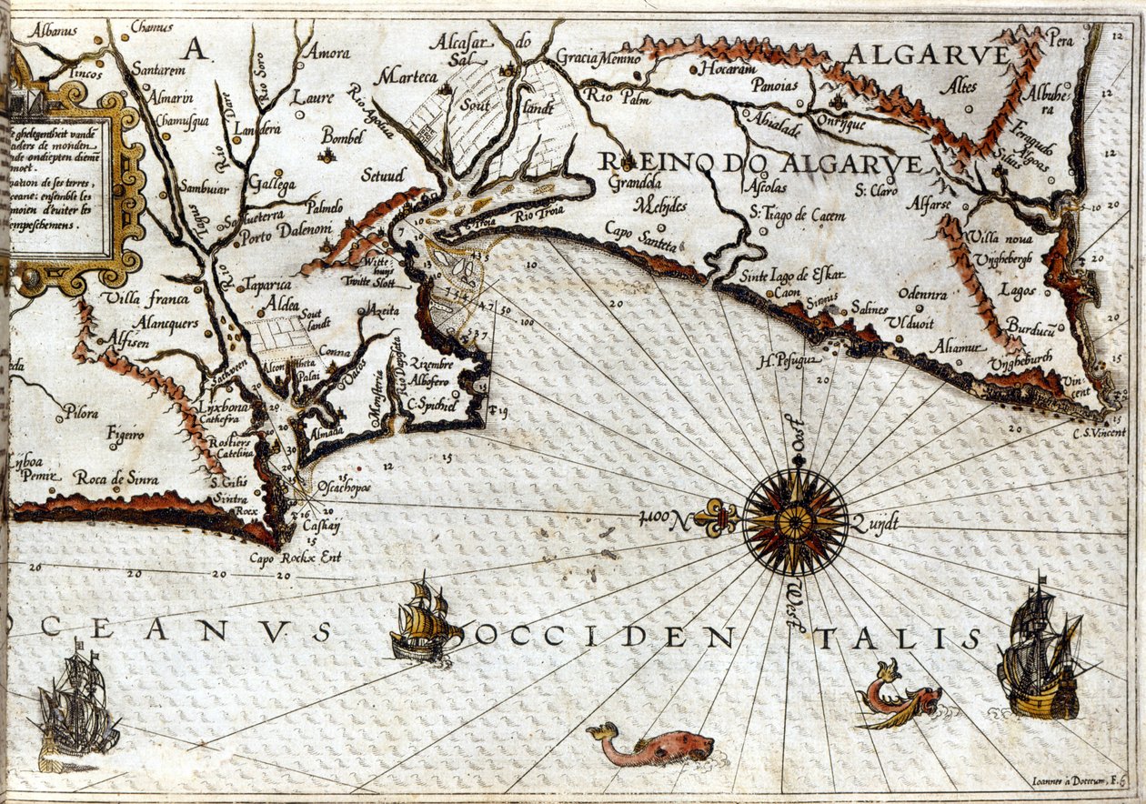 Cabo Sagres (o Cabo Sagrado) en el extremo de Portugal según el portulano de Luca J. Waghenaer Treesor de zeevaert impreso en Leiden en 1592 de School Netherlandish