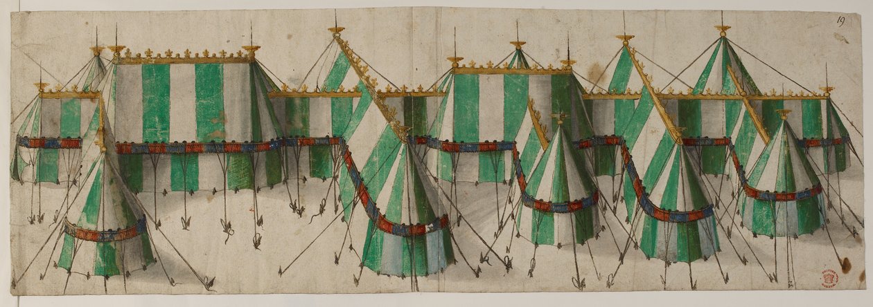 Cotton Augustus III, f.19 Diseño para un Pabellón Real en los colores Tudor de blanco y verde, que se dice que es para Enrique VIII en el Campo de la Tela de Oro de School Netherlandish