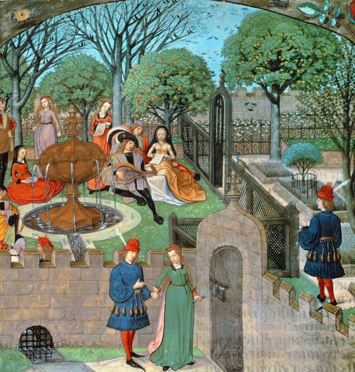 Harl 4425 f.12v Escena del jardín, la amante y dama Oyseuse (Ociosidad) fuera de los muros del jardín, del 