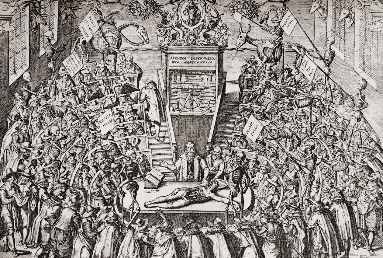 Estudiantes asistiendo a una clase de anatomía en la Universidad de Leiden, de 