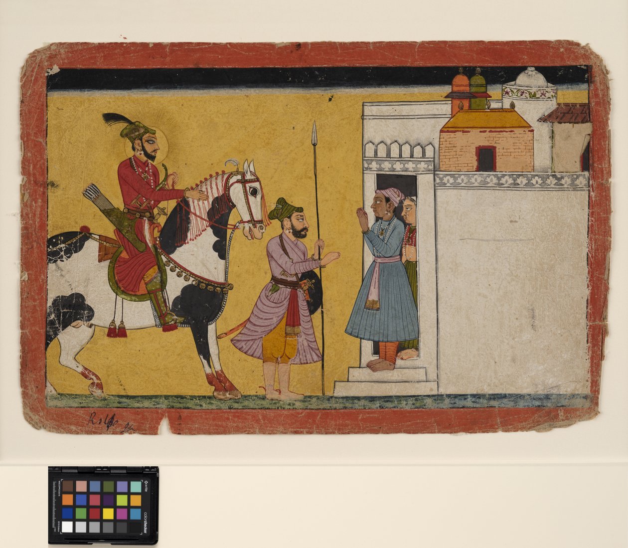 Un príncipe cazador se detiene en la puerta de una casa, c.1700 de School Pahari