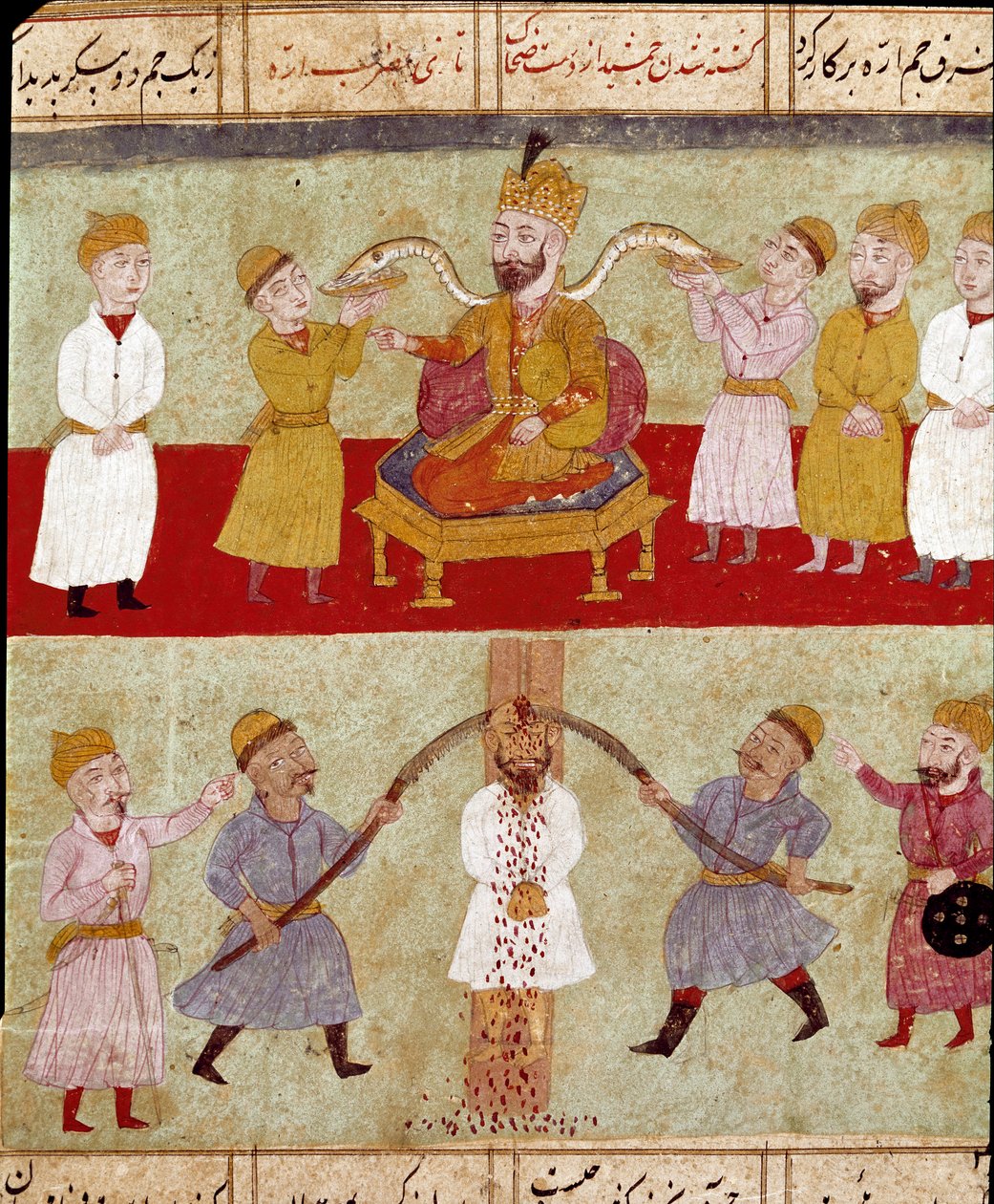 Arte islámico: un rey representa en la parte superior, con sus compañeros serpientes alimentadas por los cortesanos, abajo una escena de tortura de un enemigo. Miniatura persa de un manuscrito del poema épico “Shahnameh” (Libro de los Reyes) de Ferdowsi de School Persian