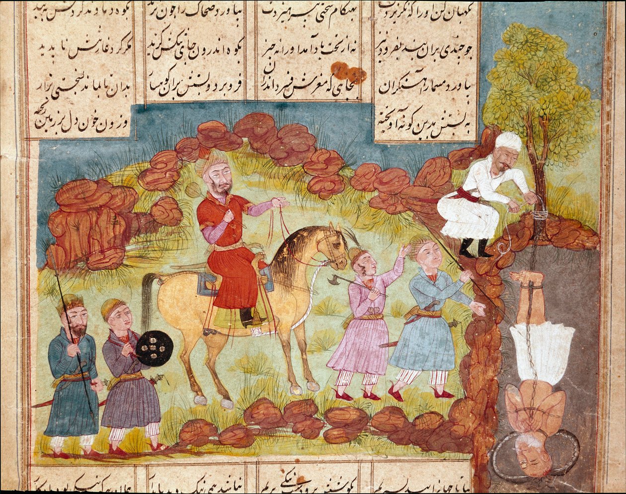 Arte islámico: escena de tortura de un enemigo, enterrándolo vivo al pie de un árbol. Miniatura persa de un manuscrito del poema épico "Shahnameh" (Libro de los Reyes) de Ferdowsi (ca. 940-1020) de School Persian