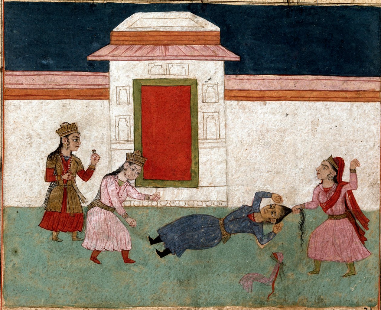Arte islámico: dos concubinas peleando en un harén, la favorita agarra el cabello de su rival. Miniatura persa de un manuscrito del poema épico "Shahnameh" (Libro de los Reyes) de Ferdowsi (ca. 940-1020) de School Persian