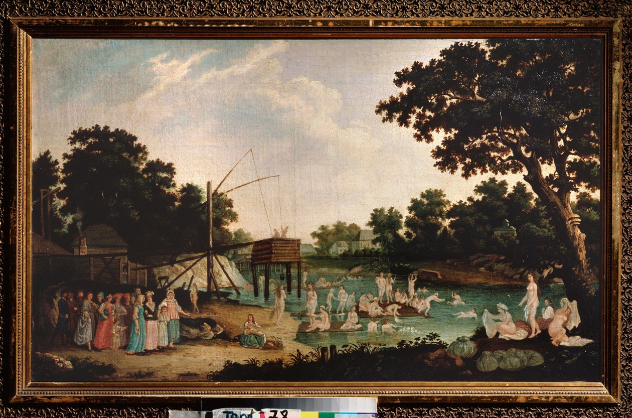 Baño de enfermería en Moscú. (Termalismo: muchas mujeres desnudas se bañan, cerca de un edificio de sauna tradicional. Se les une un grupo de personas vestidas, con niños intimidados). Pintura de un maestro ruso, óleo sobre lienzo, finales del siglo XVIII. de School Russian