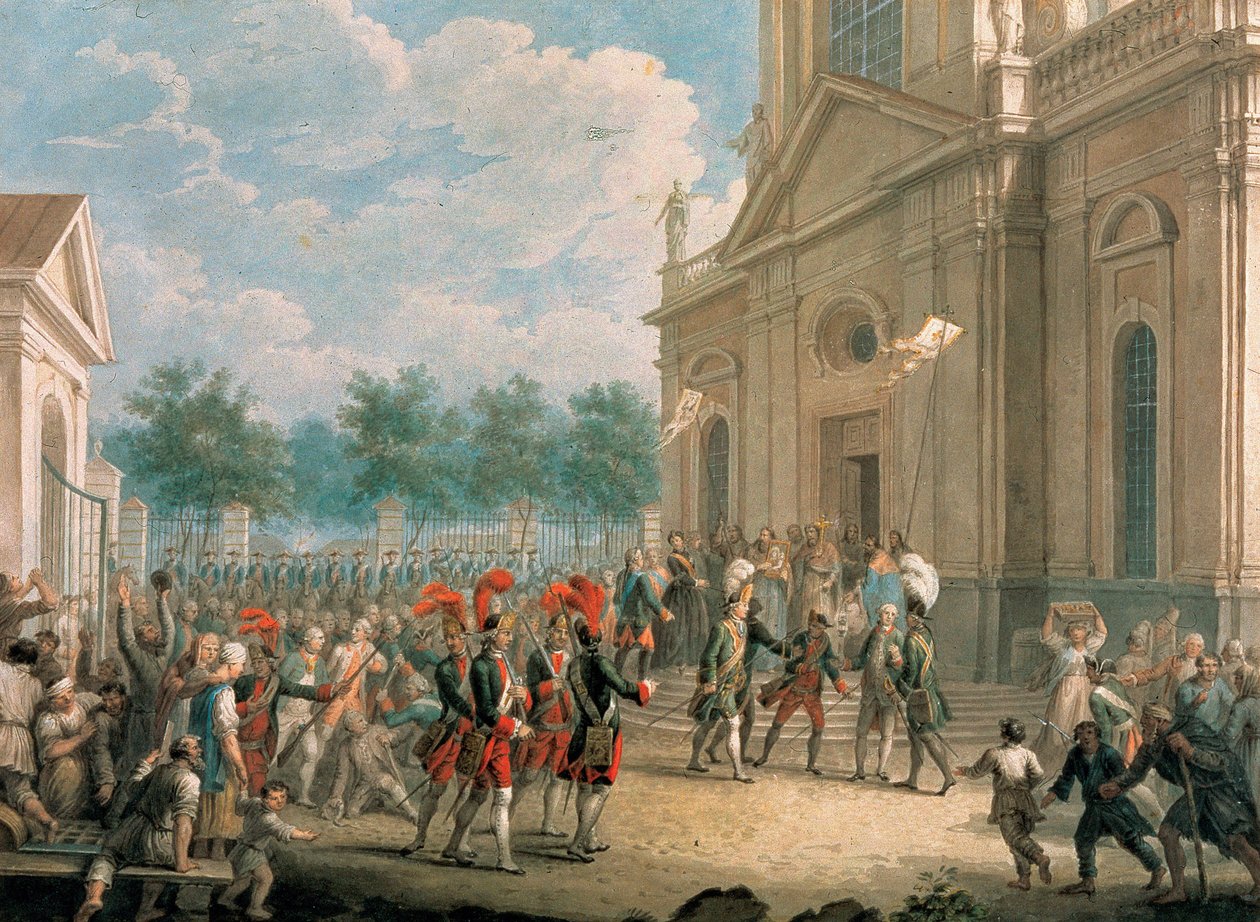 Catalina II (1729-1796) en las escaleras de la Catedral de Kazan (San Petersburgo), recibida por el clero el día de su ascensión al trono, 28 de junio de 1762. (Catalina II en la Escalera de la Catedral de Kazan, Saludada por el clero en el día o de School Russian