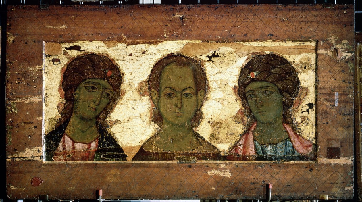 Cristo Emmanuel rodeado por los Arcángeles Miguel y Gabriel (Cristo Emmanuel con los Arcángeles Miguel y Gabriel). Ícono ruso, témpera sobre madera, finales del siglo XII. Arte de Vladimir (Rusia). Galería Estatal Tretyakov, Moscú (Rusia). de School Russian