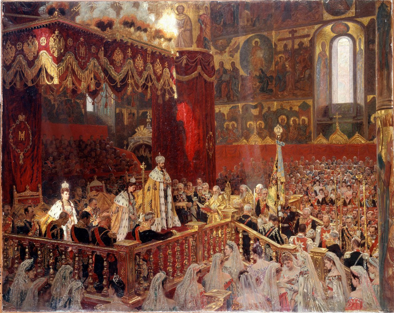 Coronación de Nicolás II en 1896 en la Catedral de Ousensky en Moscú de School Russian