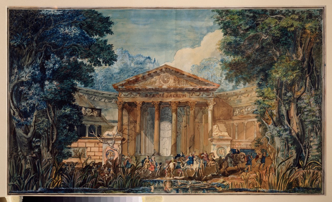 Decoración preparatoria para la ópera ""Fedra"" (Phedre) de Giovanni Paisiello (Paesieillo o Paesieixo) (1740-1816). Obra de un maestro ruso, acuarela y gouache sobre papel, hacia 1800. Arte escenográfico ruso de School Russian