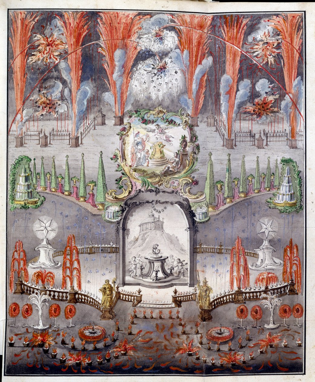 Fuegos artificiales e iluminación el 17 de septiembre de 1747 en Gostilitsy (Rusia). Obra anónima, grabado en cobre coloreado a la acuarela, mediados del siglo XVIII. arte ruso de School Russian