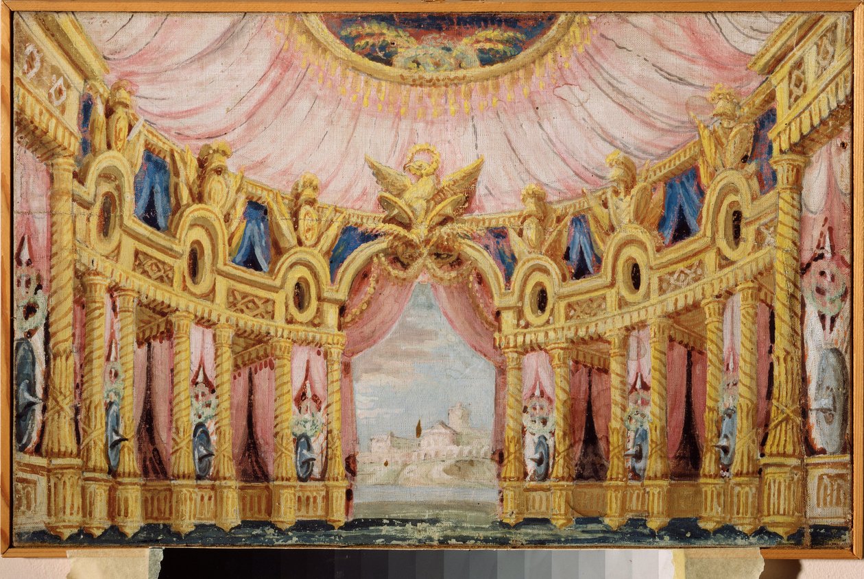 Salón con columnata. Decoración preparatoria para una obra de teatro. Obra de un maestro ruso, témpera sobre lienzo de School Russian