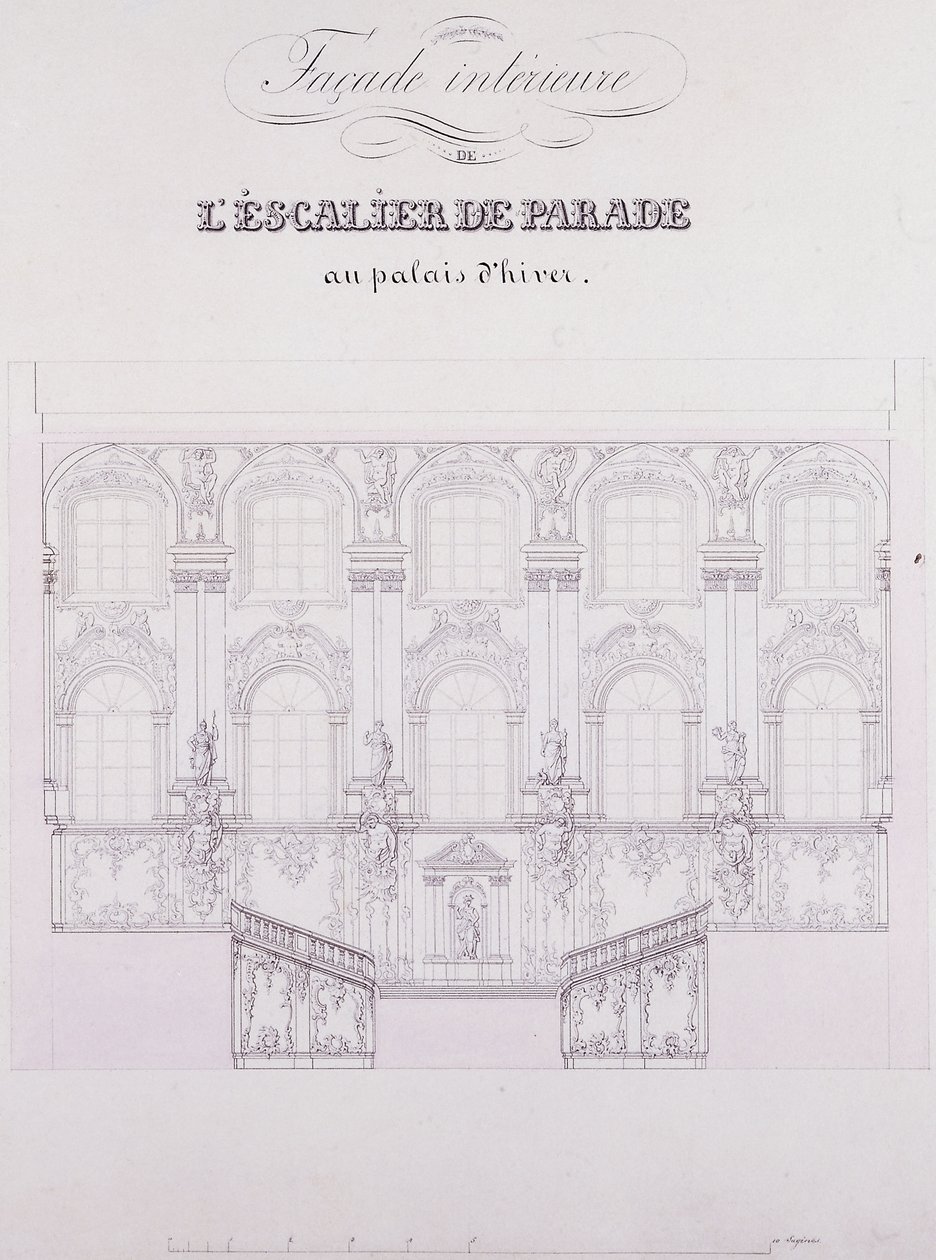 Fachada interior de la Escalera de Desfile en el Palacio de Invierno, c.1838 de School Russian