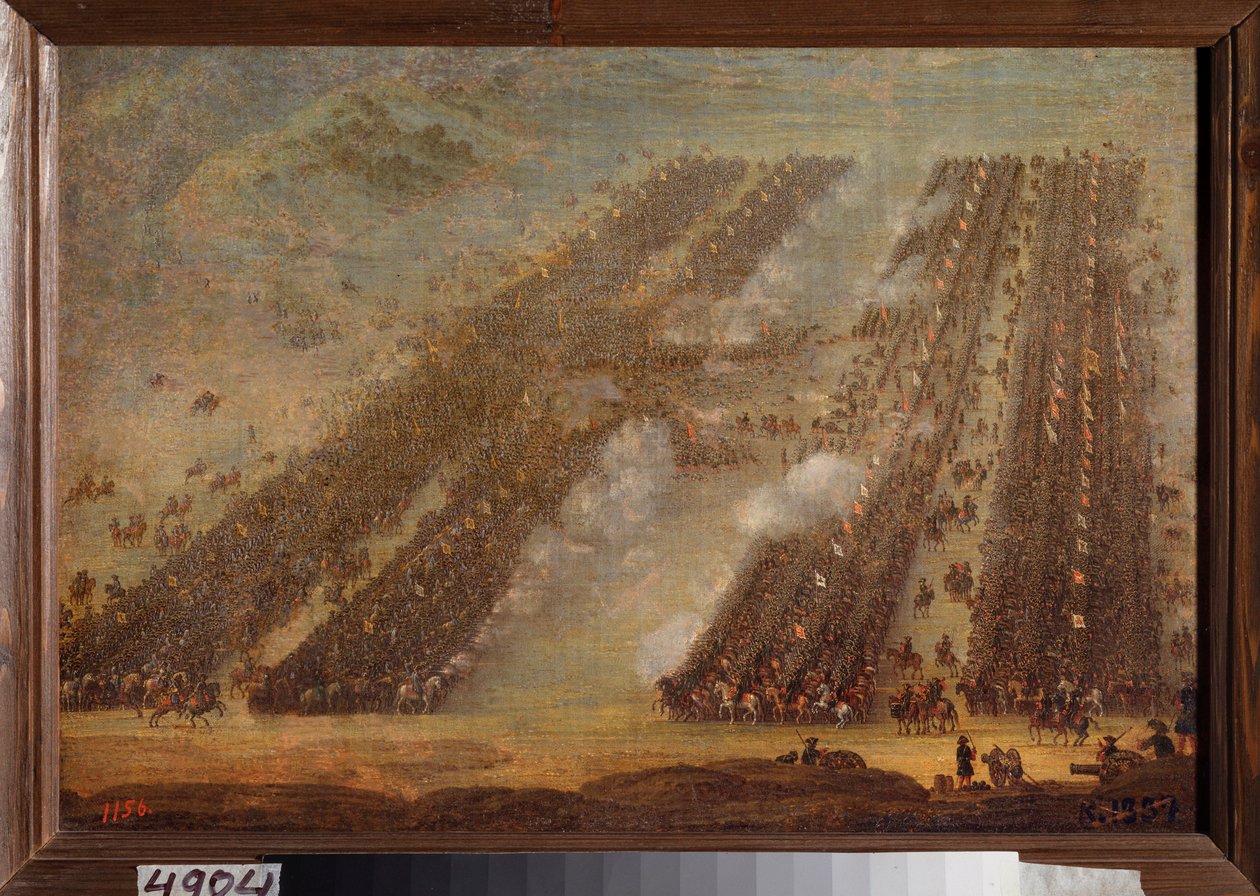 La batalla de Poltava (Pultawa) el 8 de julio de 1709. (Filas de caballería chocan durante la Gran Guerra del Norte (1700-1721), el ejército de Pedro I de Rusia (1672-1725) contra las tropas de Carlos (Karl) XII de Suecia (1682-1718) Pintura de un de School Russian