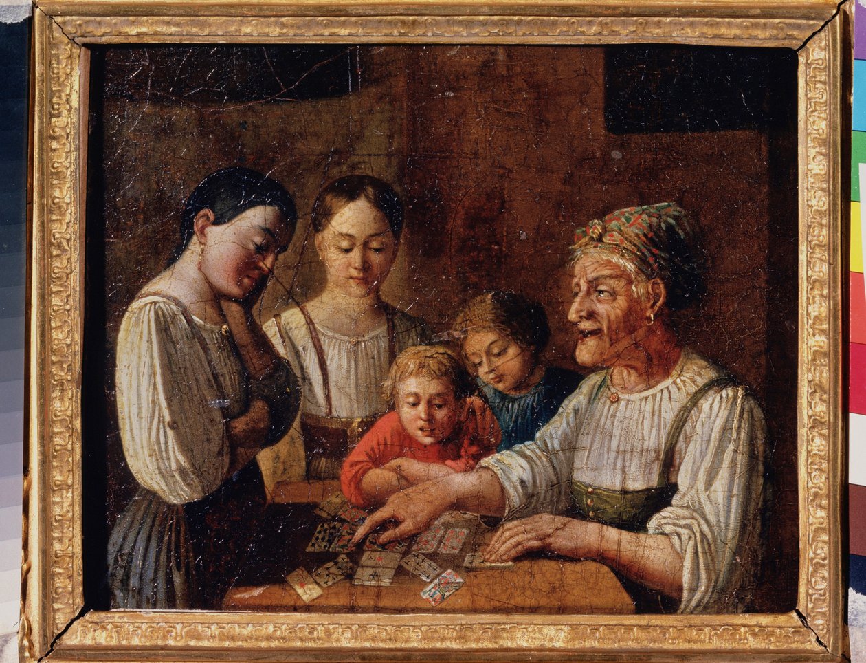 El adivino. (Vieja prediciendo el futuro en las cartas). Pintura de un maestro ruso, óleo sobre cartón, principios del siglo XIX. Museo Estatal Ruso, San Petersburgo. de School Russian