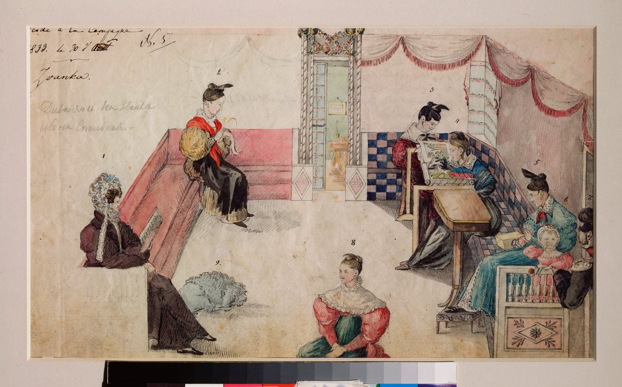 La habitación de Diwan en una mansión. (Mujeres y niños se reúnen en un lugar enmarcado por sofás, leen o cosen). Obra de un maestro ruso, acuarela sobre papel de School Russian
