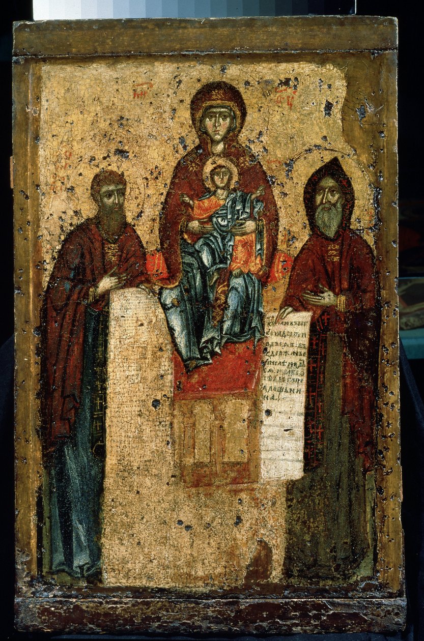 ""La Virgen de las Cuevas"" Ícono Ruso. Pintura sobre madera de 1288. Galería Estatal Tretyakov, Moscú de School Russian