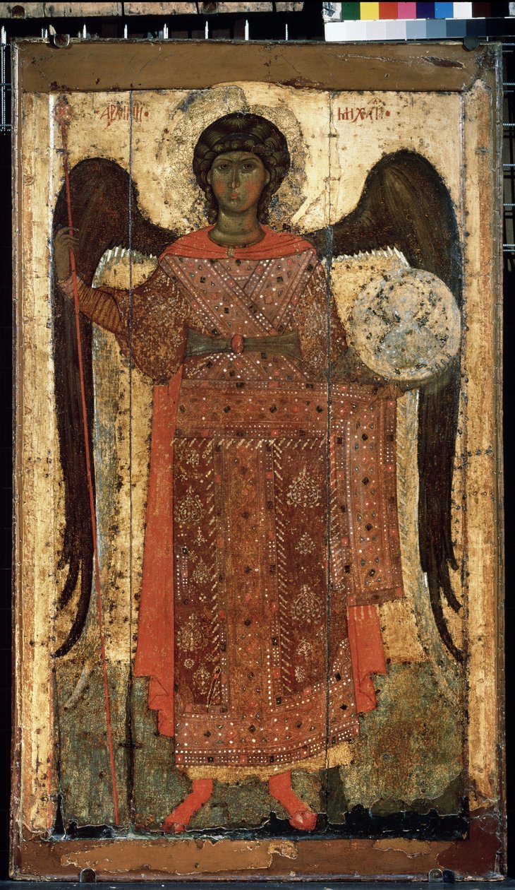""El arcángel San Miguel"" Ícono ruso. Pintura sobre madera. Alrededor de 1300. Galería Estatal Tretyakov, Moscú de School Russian
