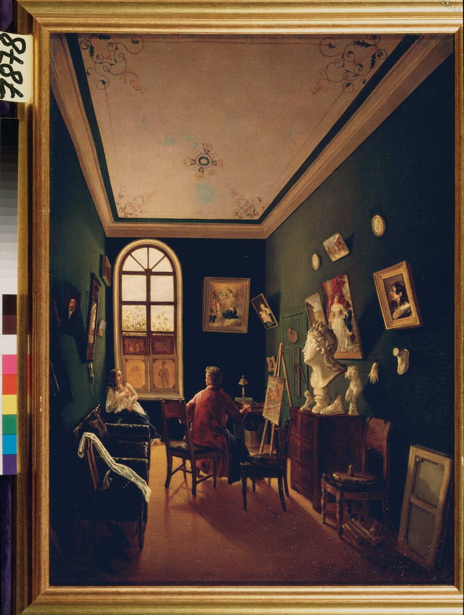 El estudio del pintor. Pintura de un maestro ruso, óleo sobre lienzo. de School Russian