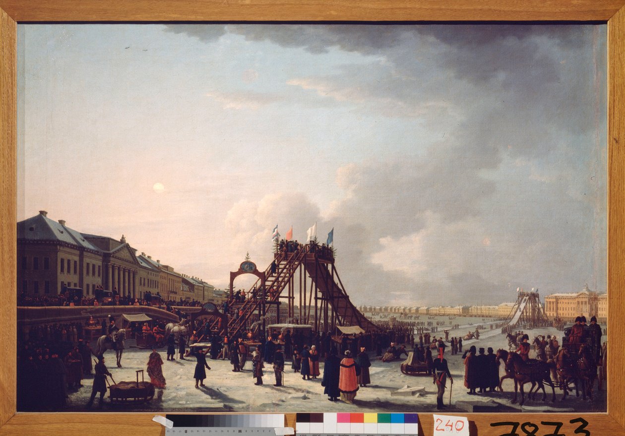 Los ocho grandes (la montaña rusa) en el Neva de San Petersburgo. (Tobogán efímero para la temporada de invierno). Pintura de un maestro ruso, óleo sobre lienzo. de School Russian