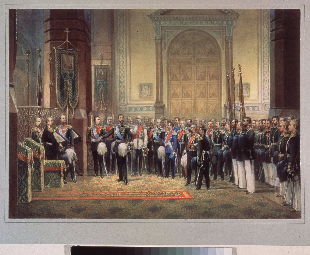 El juramento de lealtad de Tsarevich Nicholas Alexandrovich Romanov de Rusia (1843-1865) en la iglesia del ejército. Obra de un maestro ruso, acuarela sobre papel de School Russian