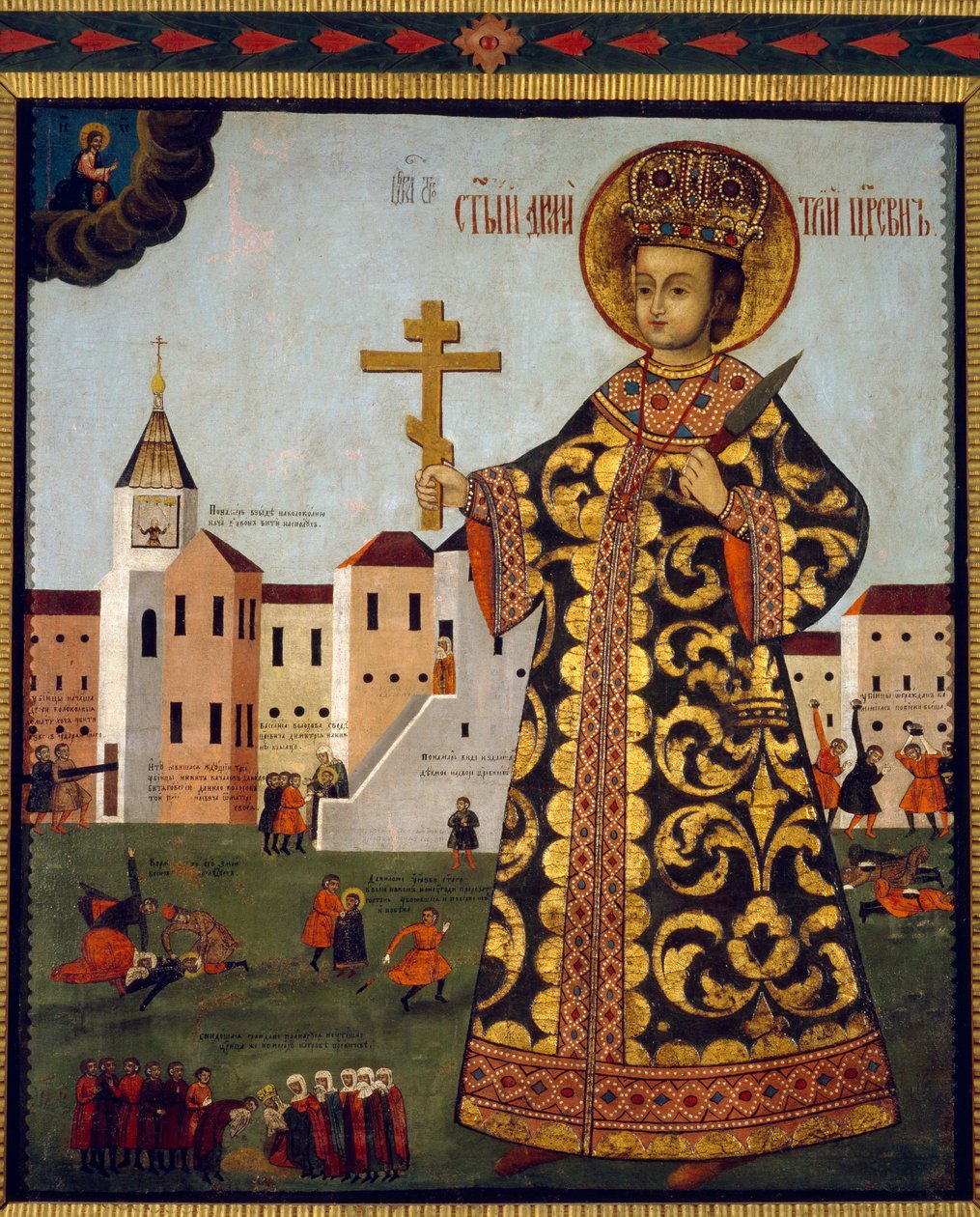 Tsarevich Demetrius (1582-1591) (o Dimitri de Moscú, frente a la ciudad de Uglich, en Rusia). Pintura anónima, témpera sobre madera de School Russian
