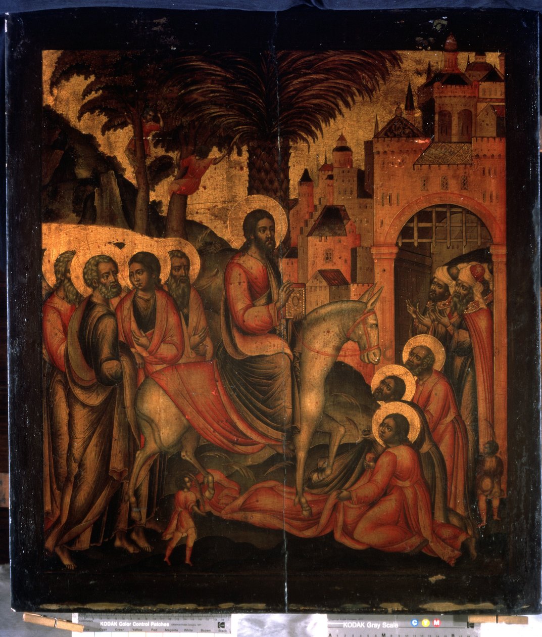 ""La entrada de Cristo en Jerusalén"" Ícono ruso. Pintura sobre madera del siglo XVII State United Museum Center en el Kremlin, Moscú de School Russian