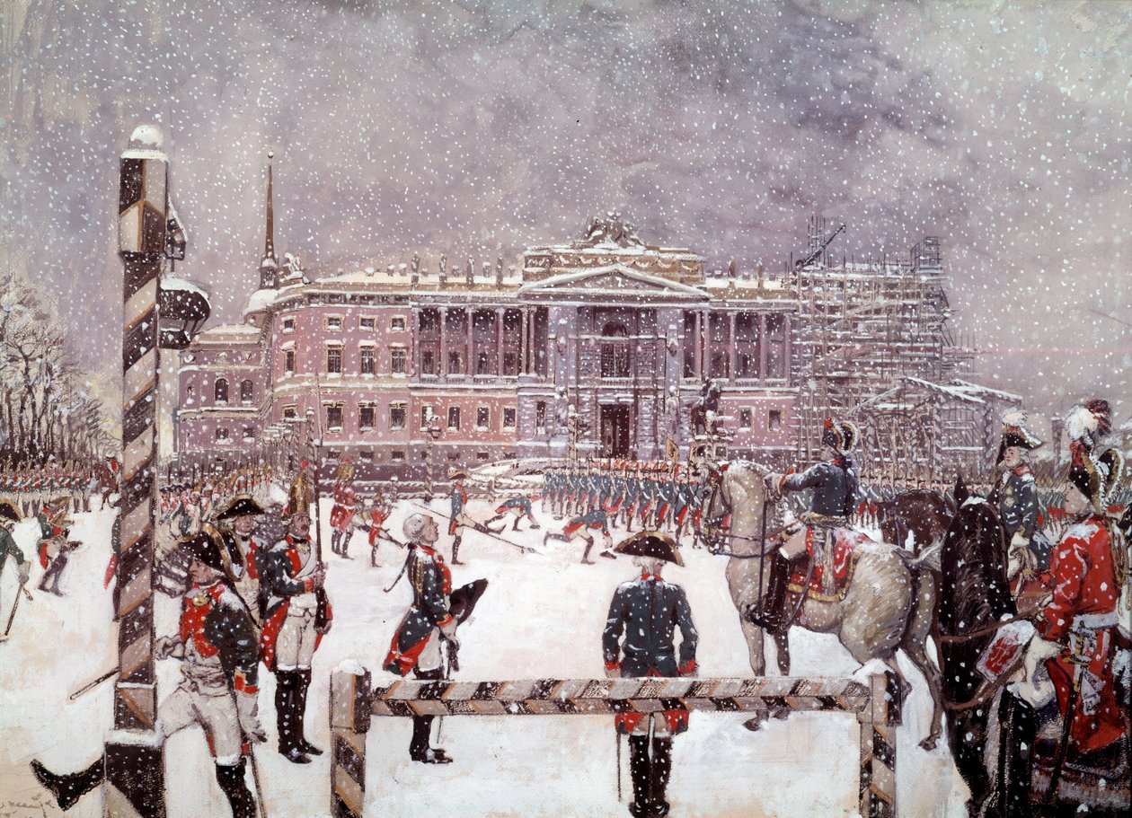 Desfile militar frente al Palacio Mikhailovsk en presencia de Pablo I (1754-1801), emperador ruso de School Russian