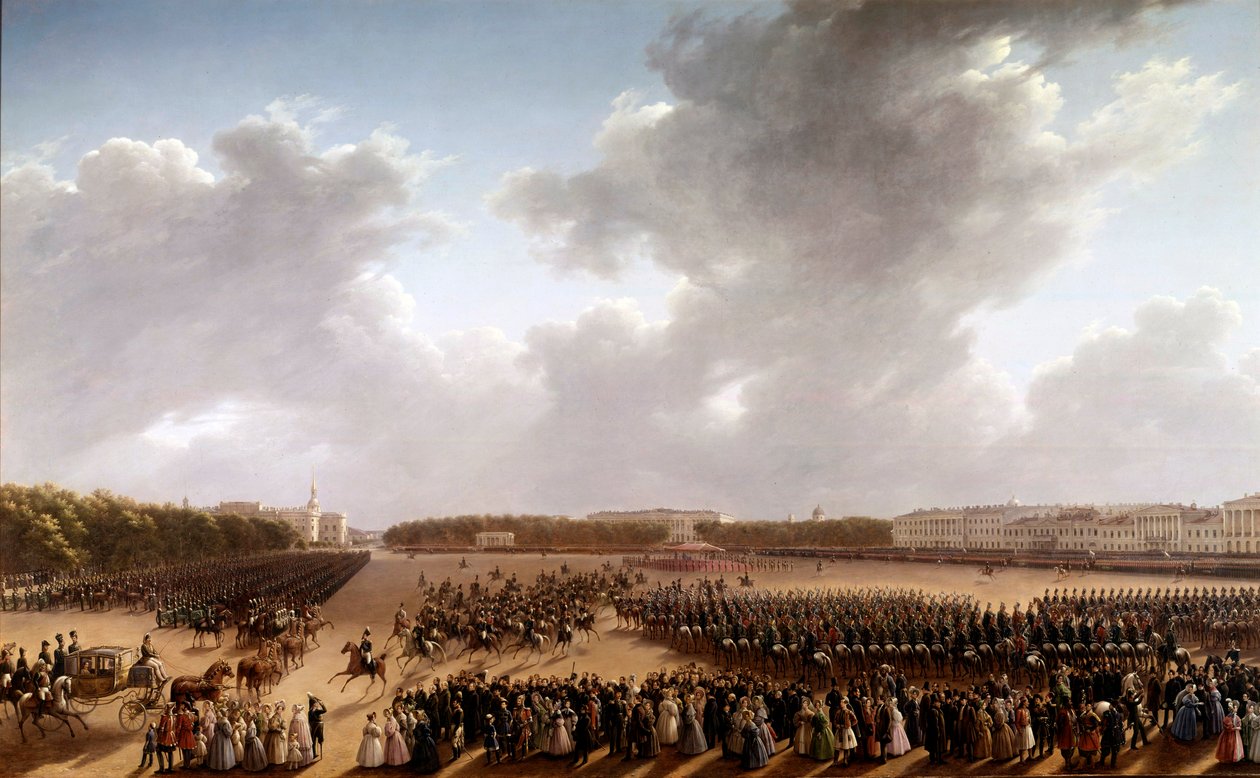 Desfile en los Campos de Marte, en primer plano Alexander Pushkin (Pushkin) (1799-1837) y Nicolás I (1796-1855) a caballo yendo al frente de la emperatriz en un carruaje en París de School Russian