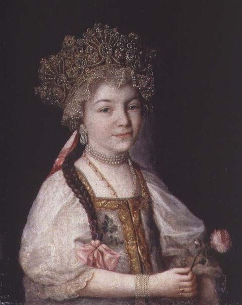 Retrato de Alexandra Pavlovna en Traje Nacional Ruso, c.1790 de School Russian