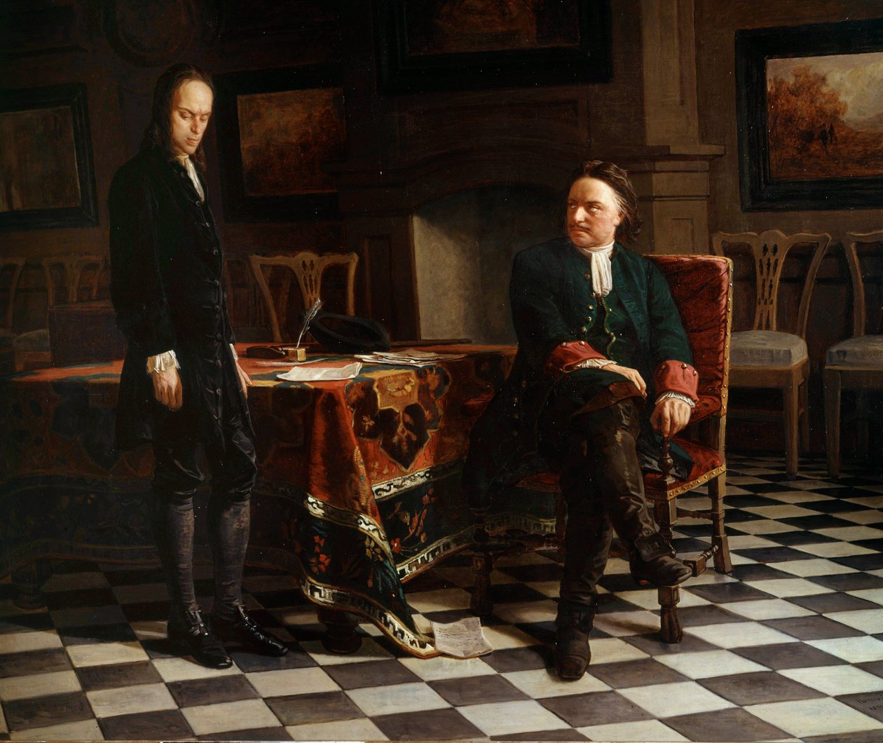 Retrato de Pedro I el Grande (1672-1725), zar ruso y su hijo Alexis (1690-1718). Pintura de la Escuela Rusa de School Russian