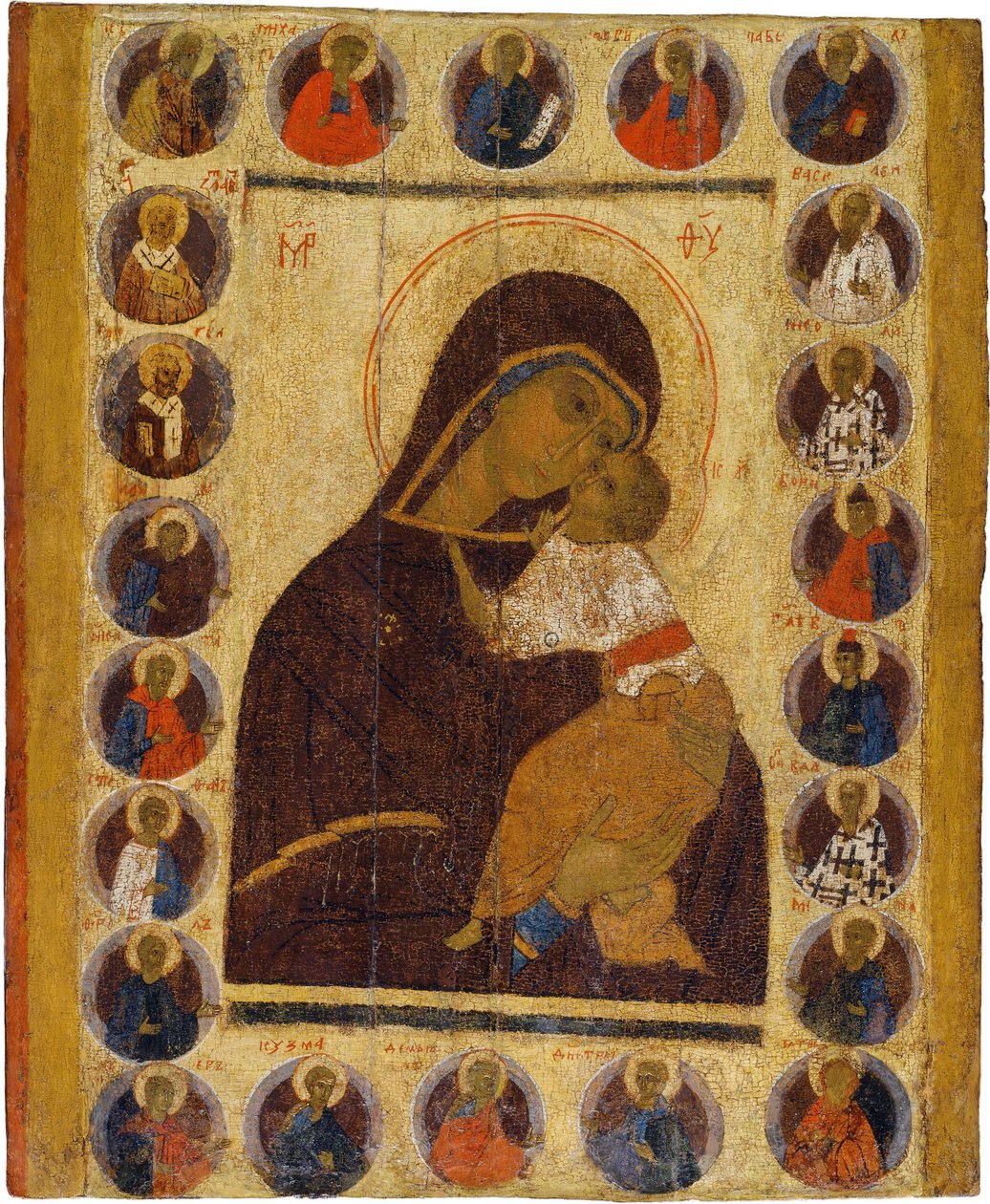Icono ruso: Nuestra Señora de la Ternura con santos seleccionados de School Russian