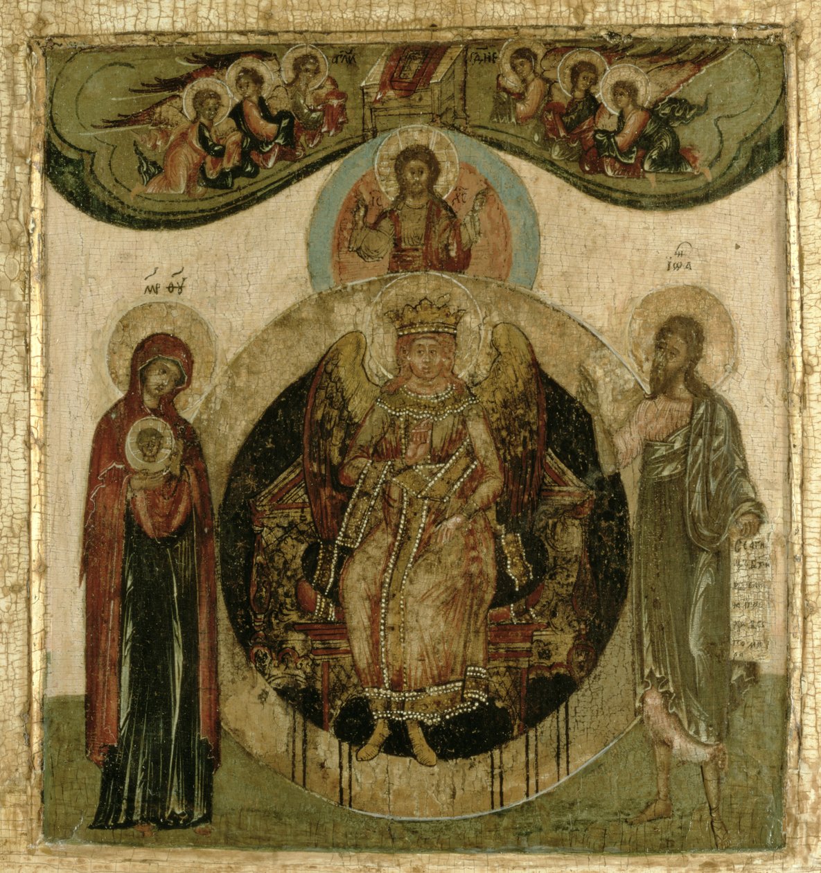Icono ruso de Sofía, la Santa Sabiduría, entronizada en forma de ángel de fuego alado (panel) de School Russian