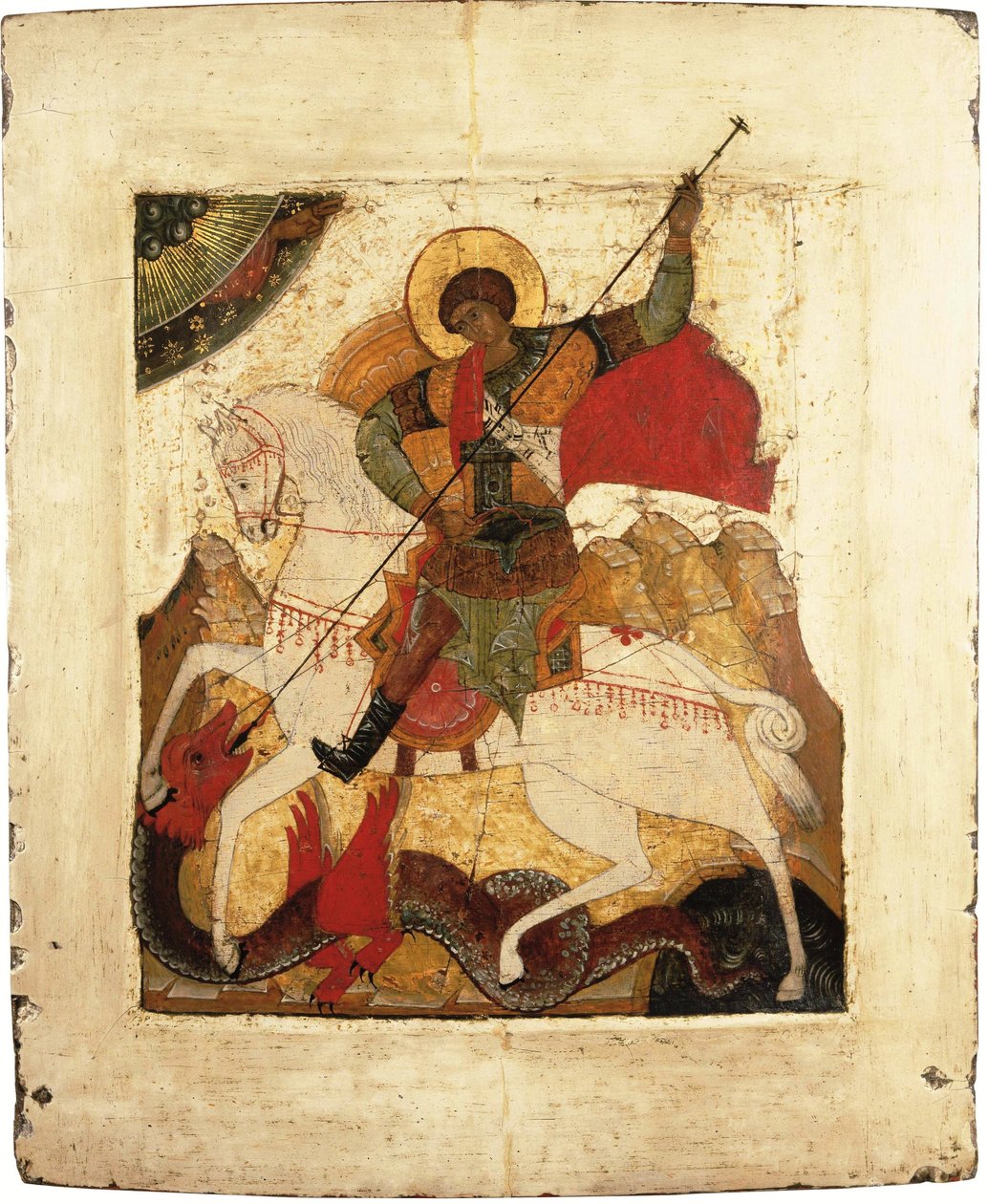 San Jorge y el Dragón - icono ruso. Témpera sobre tabla, principios del siglo XVI. Dimensión : 31,5x26,5 cm Museo Ikonen Recklinghausen de School Russian