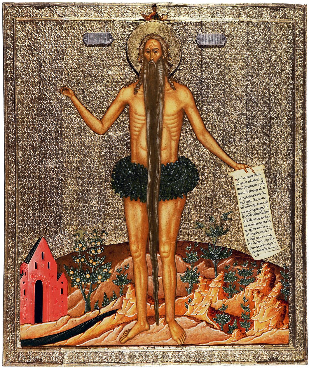San Onuphrius (San Onuphrius). Onuphre el anacoreta o El Grande (siglo IV), monje luego ermitaño en Egipto, se le representa tradicionalmente con una larga barba y ramas a modo de vestimenta. Obra anónima de Moscú, témpera sobre madera, hacia de School Russian