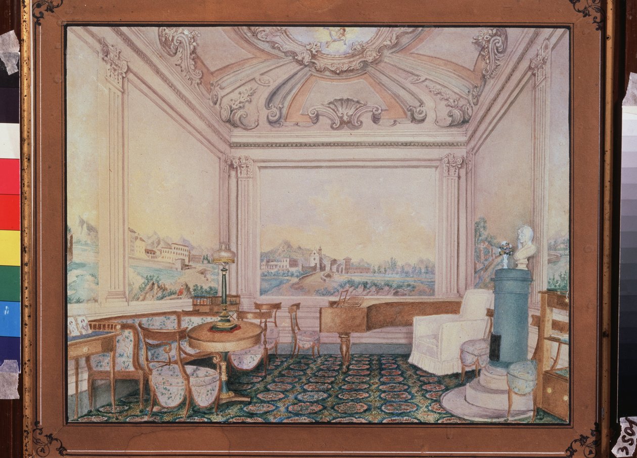 Sala de recepción en una mansión. Obra de un maestro ruso, acuarela sobre papel de School Russian